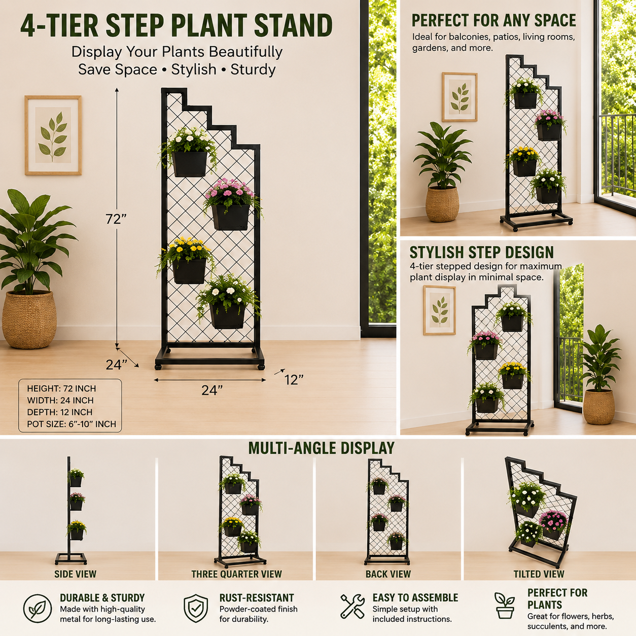 Modern Staircase Metal Plant Stand with 4 Pots – 72 Inch