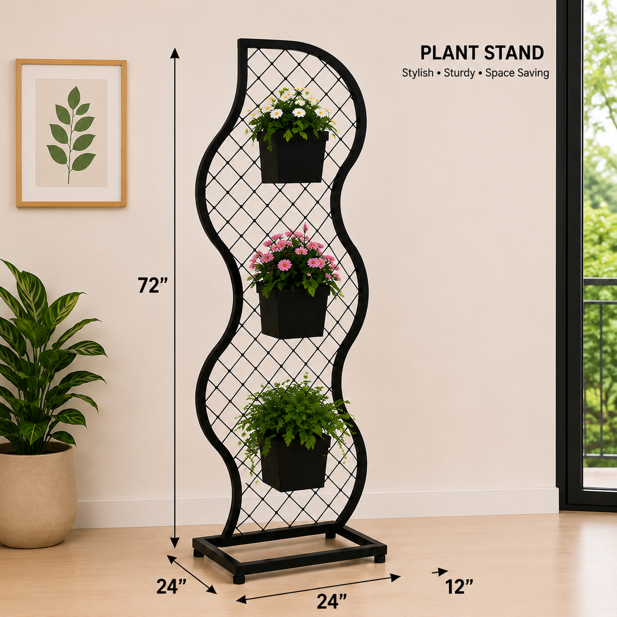 Modern Wave Design Metal Plant Stand with 3 Pots – 72 Inch