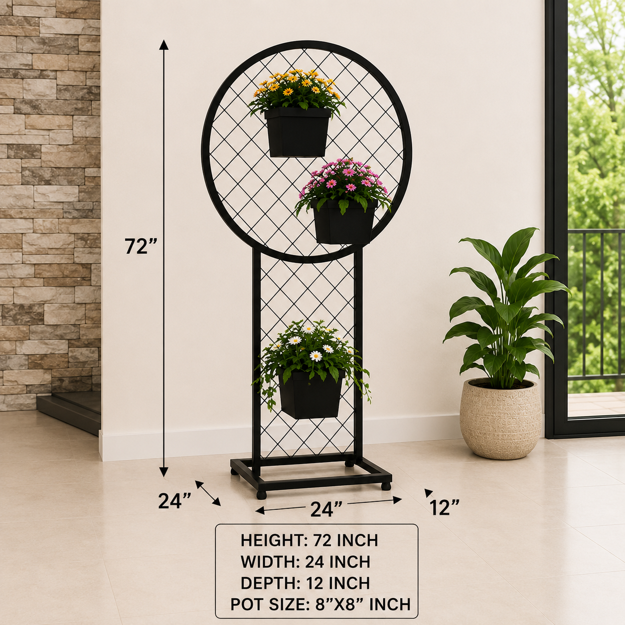 Modern Circular Metal Plant Stand with 3 Pots – 72 Inch