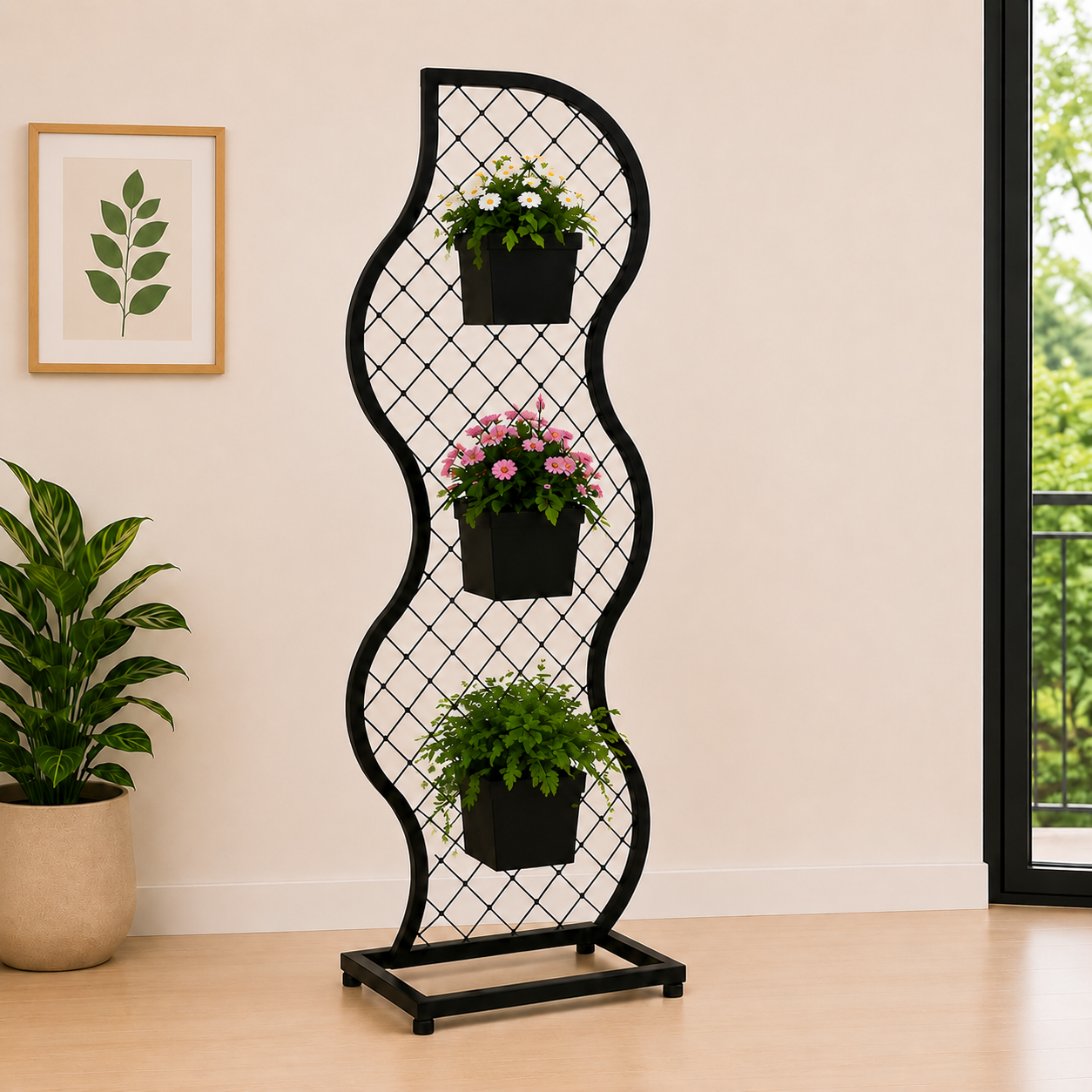 Modern Wave Design Metal Plant Stand with 3 Pots – 72 Inch