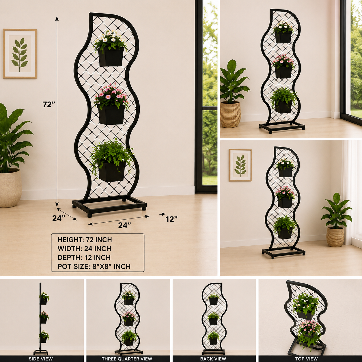 Modern Wave Design Metal Plant Stand with 3 Pots – 72 Inch