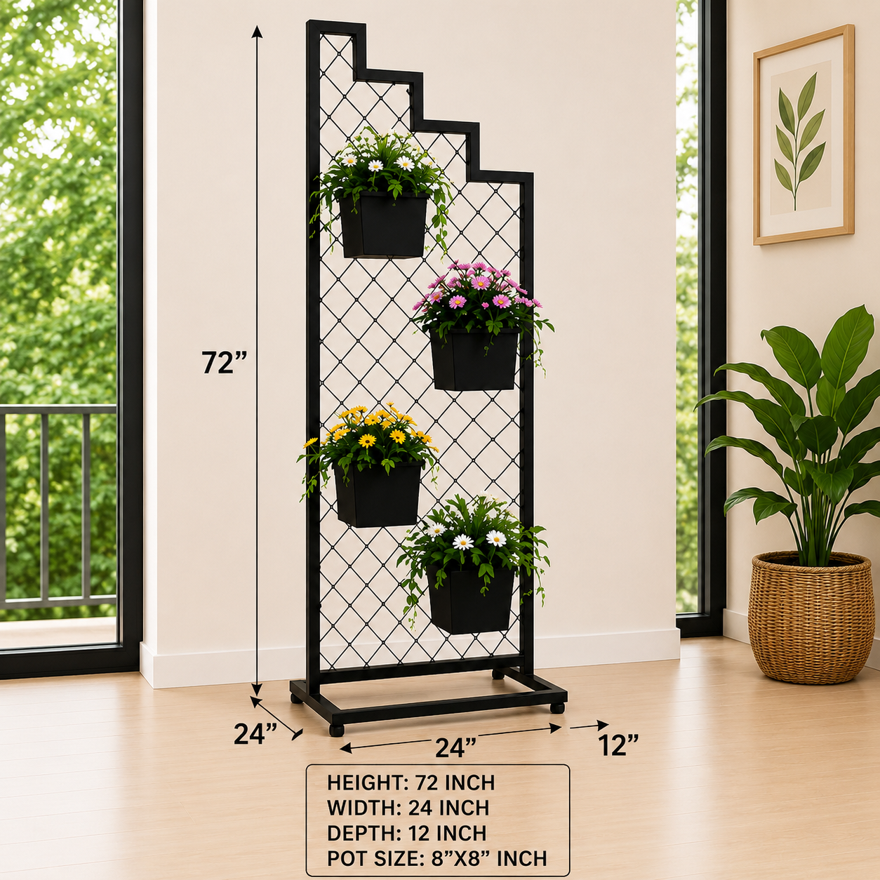 Modern Staircase Metal Plant Stand with 4 Pots – 72 Inch