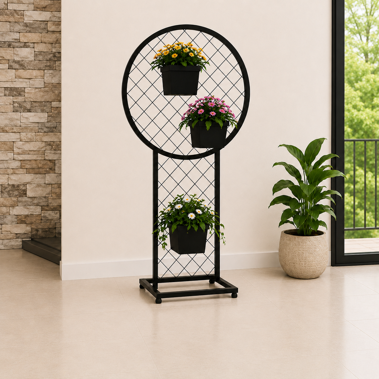 Modern Circular Metal Plant Stand with 3 Pots – 72 Inch